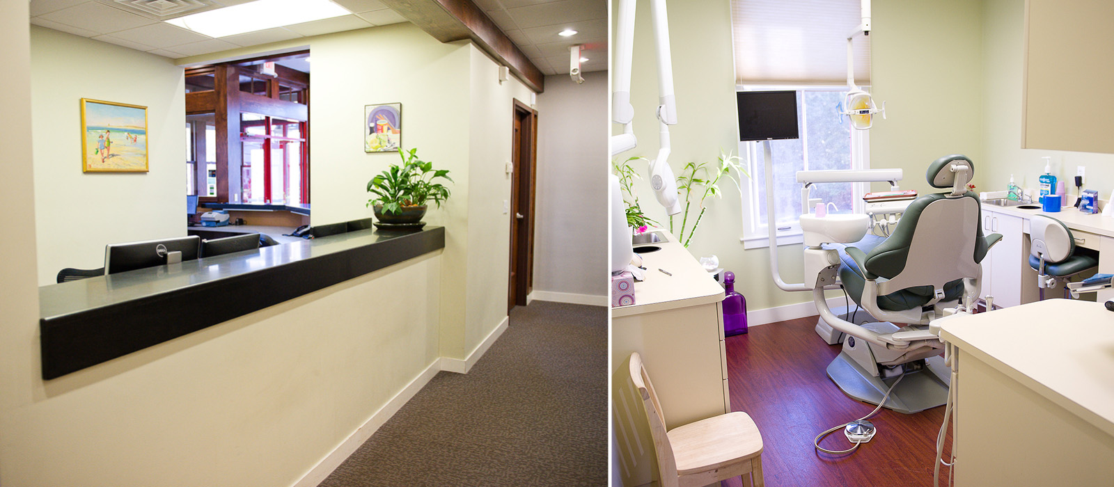 Paquette Family Dental front desk and treatment room