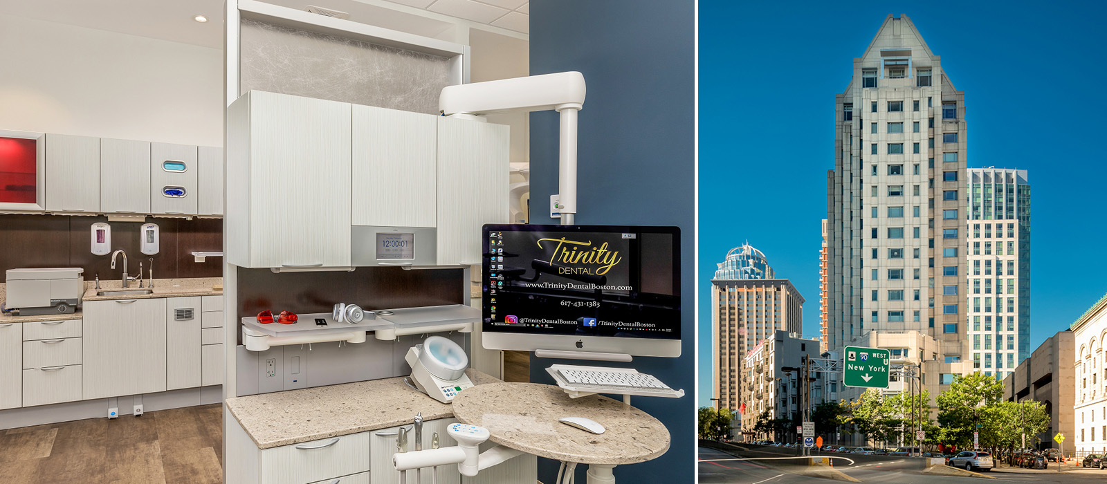 Trinity Dental treatment area and exterior view of office