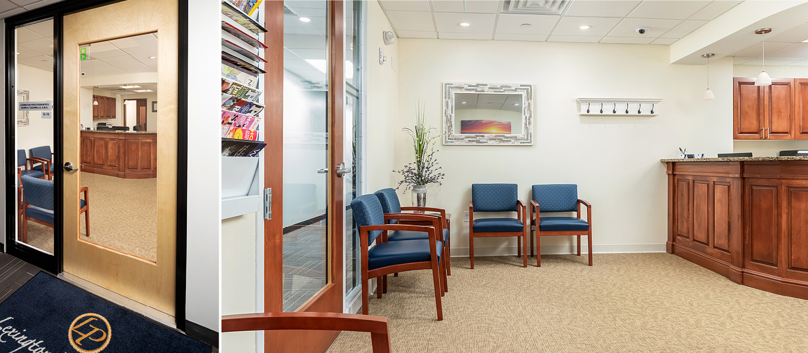 Lexington Prosthodontics entrance, front desk, and waiting area